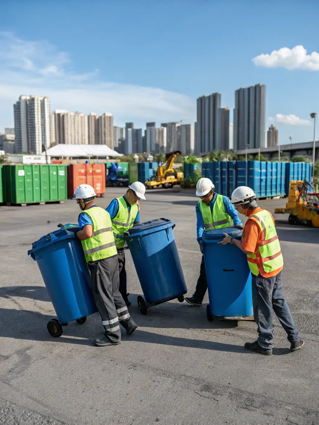 A commercial waste collection team managing waste bins outside an office building.