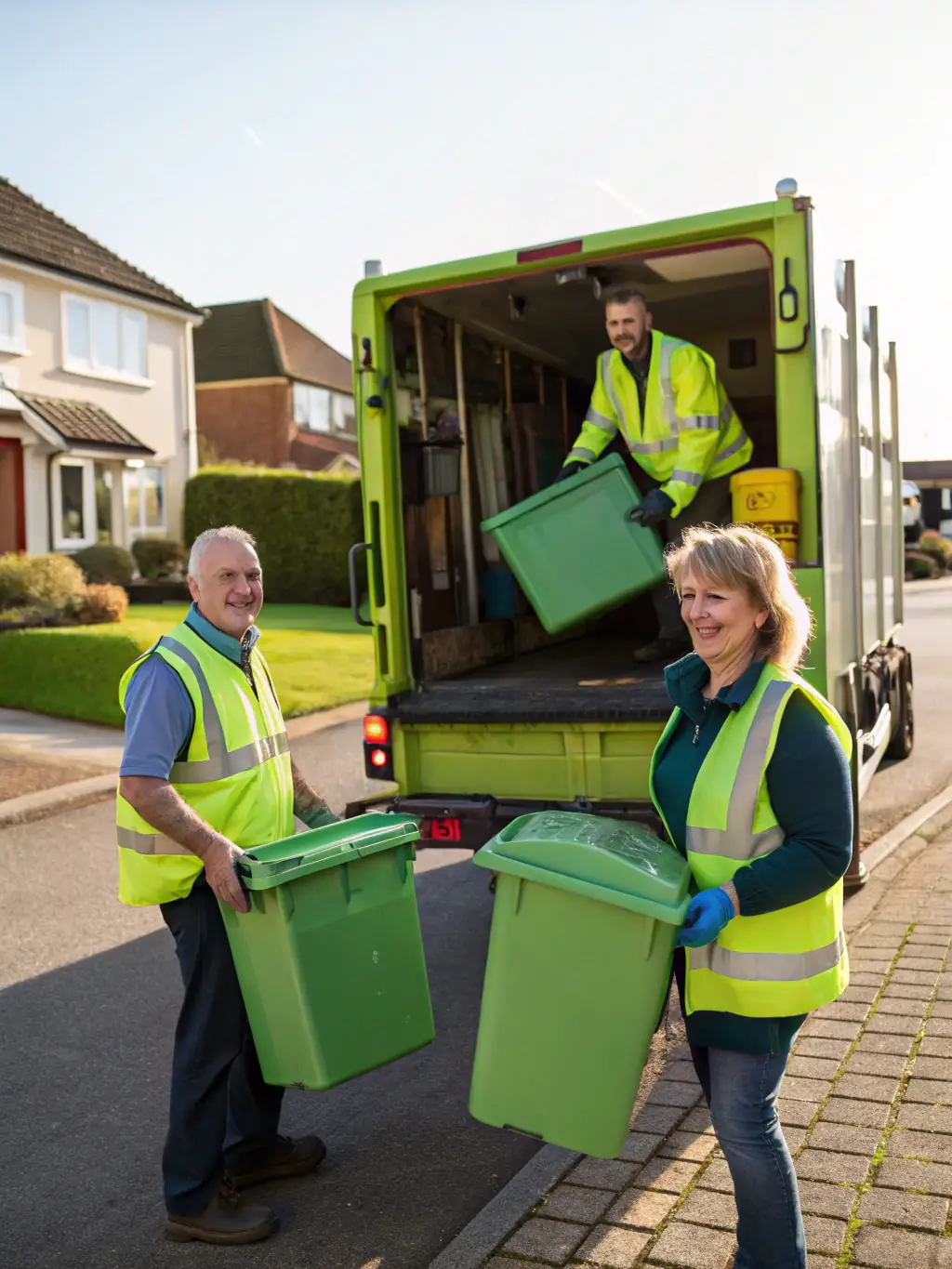 A team of waste disposal professionals clearing out a residential property, with bins and trucks in action.